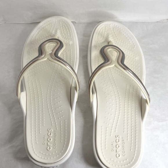 CROCS Shoes - Crocs Sanrah Duel Comfort Thong White/Ivory Gold/Silver 205470 Women's Sz 7
